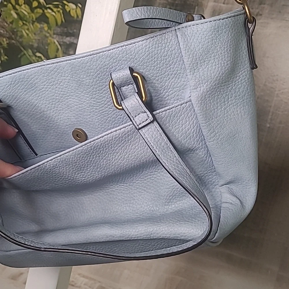 Bueno over the shoulder purse handbag light blue pebbled faux leather
